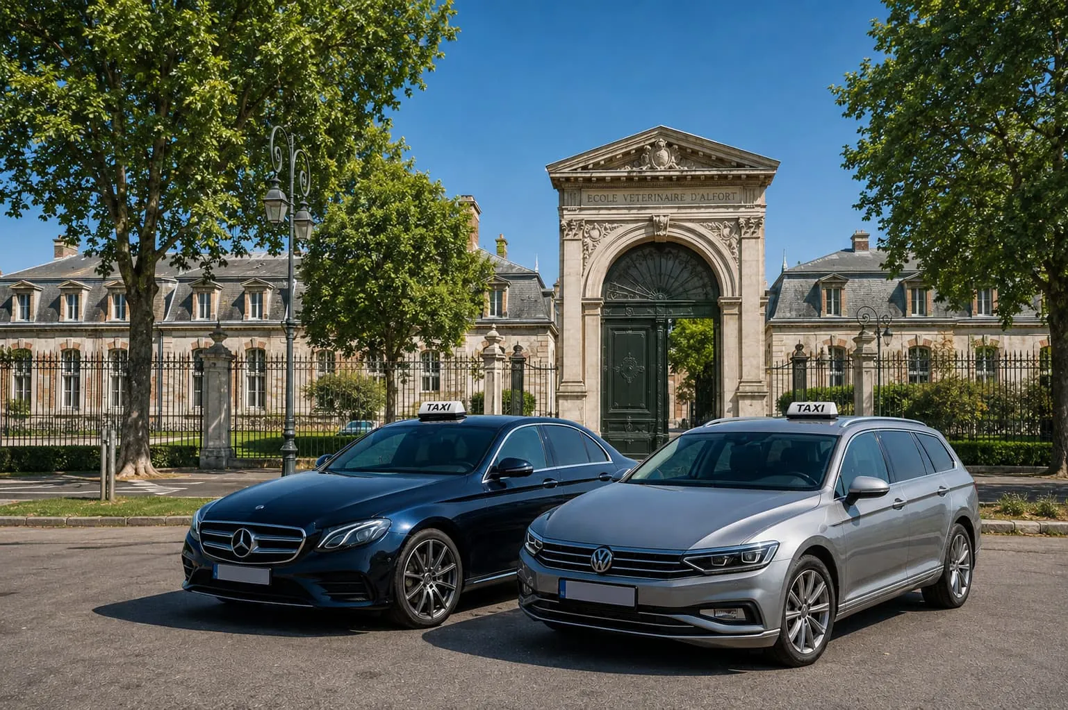 Deux taxis stationnés devant le portail de l’École vétérinaire d’Alfort.