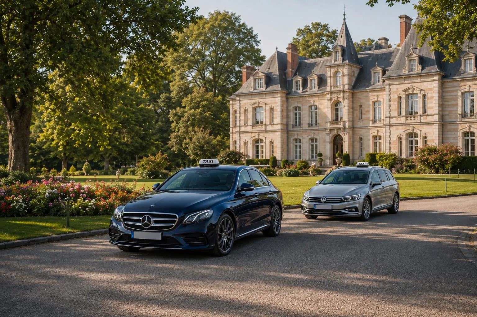 Deux taxis stationnés dans l’allée d’une grande demeure en pierre entourée d’un parc.