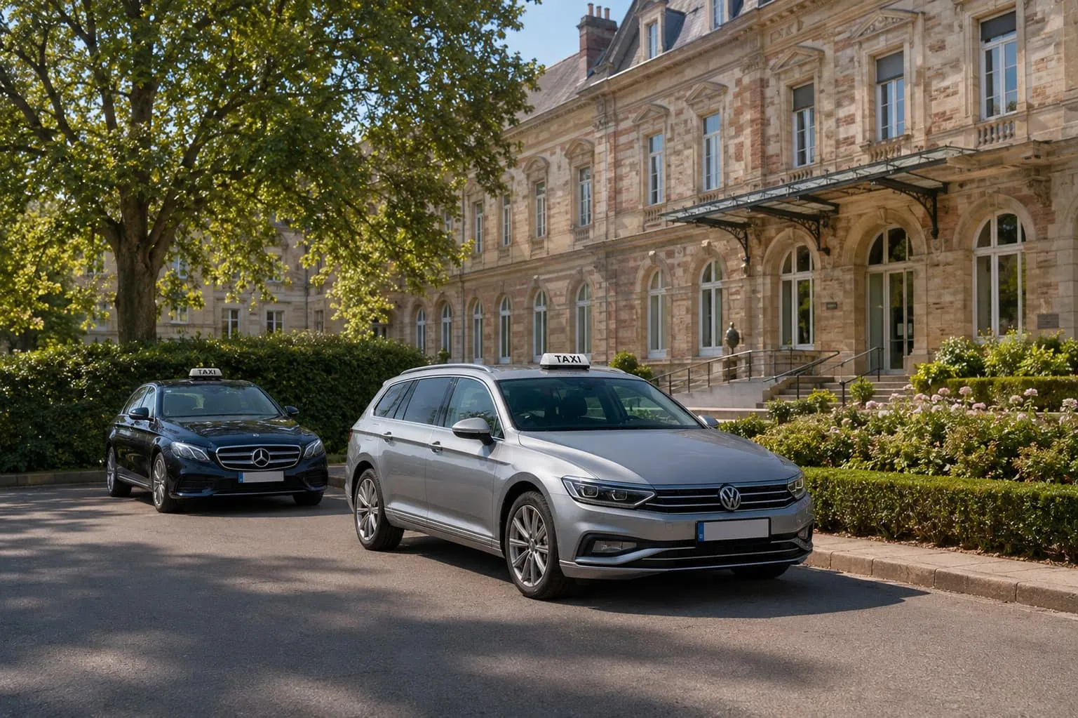 Deux taxis, un break Volkswagen gris et une berline Mercedes noire, devant un bâtiment en pierre.